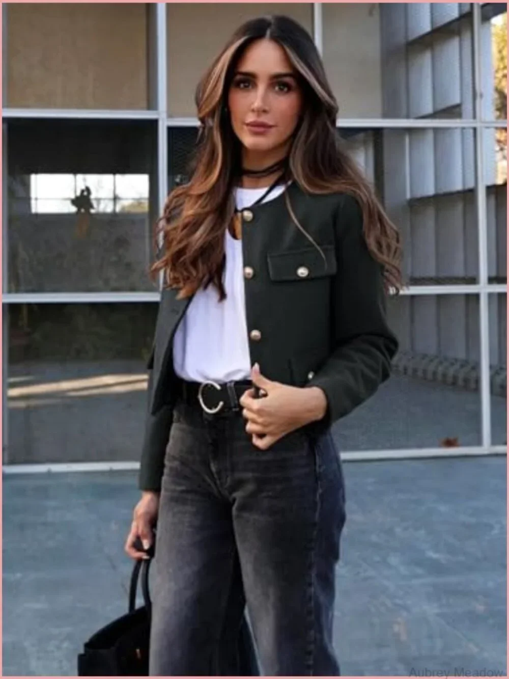 Cropped Tweed Blazer Jacket Collarless Button Down Business Casual Winter Coat
